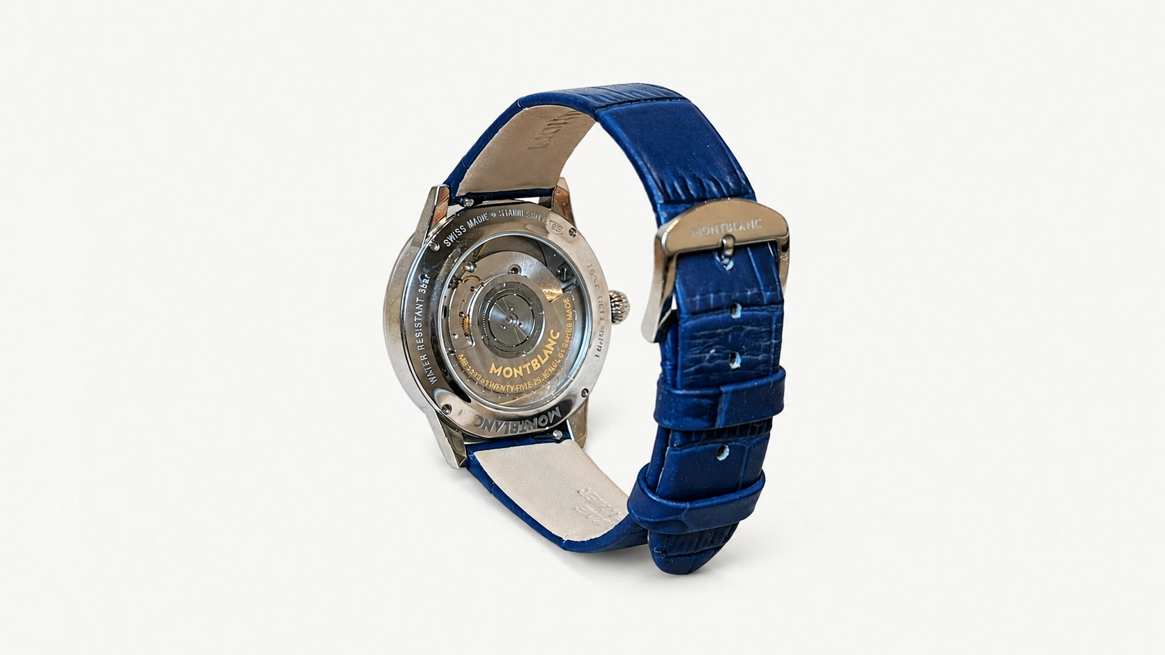 Foto 4: MONTBLANC - Relógio Bohème Day e Night automático, mostrador guilloché prateado com diamantes e pulseira em couro azul escuro. Medida: Caixa de 34mm.