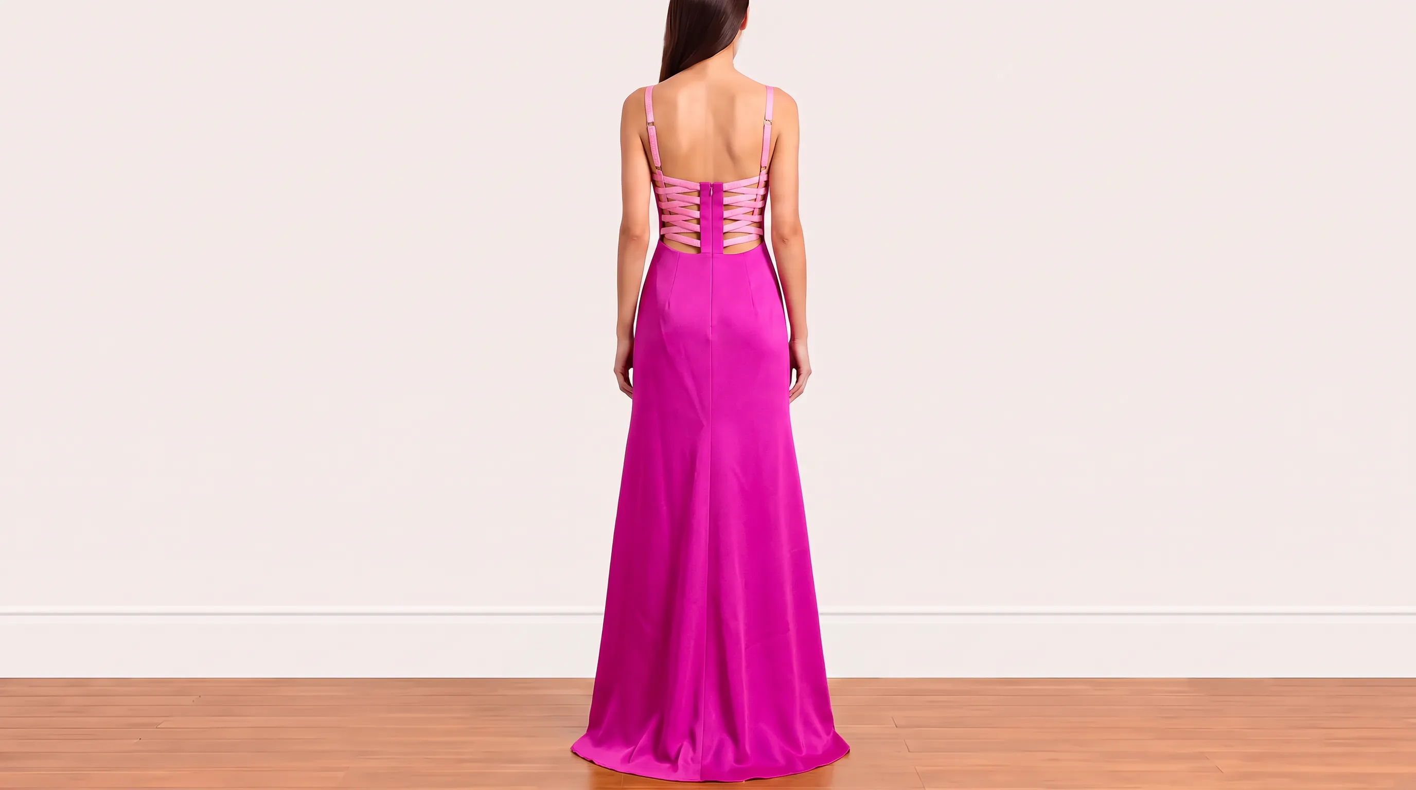 Foto 3: CJ MARES - Vestido Longo em Cetim de Seda Fúcsia. Tamanho 38.