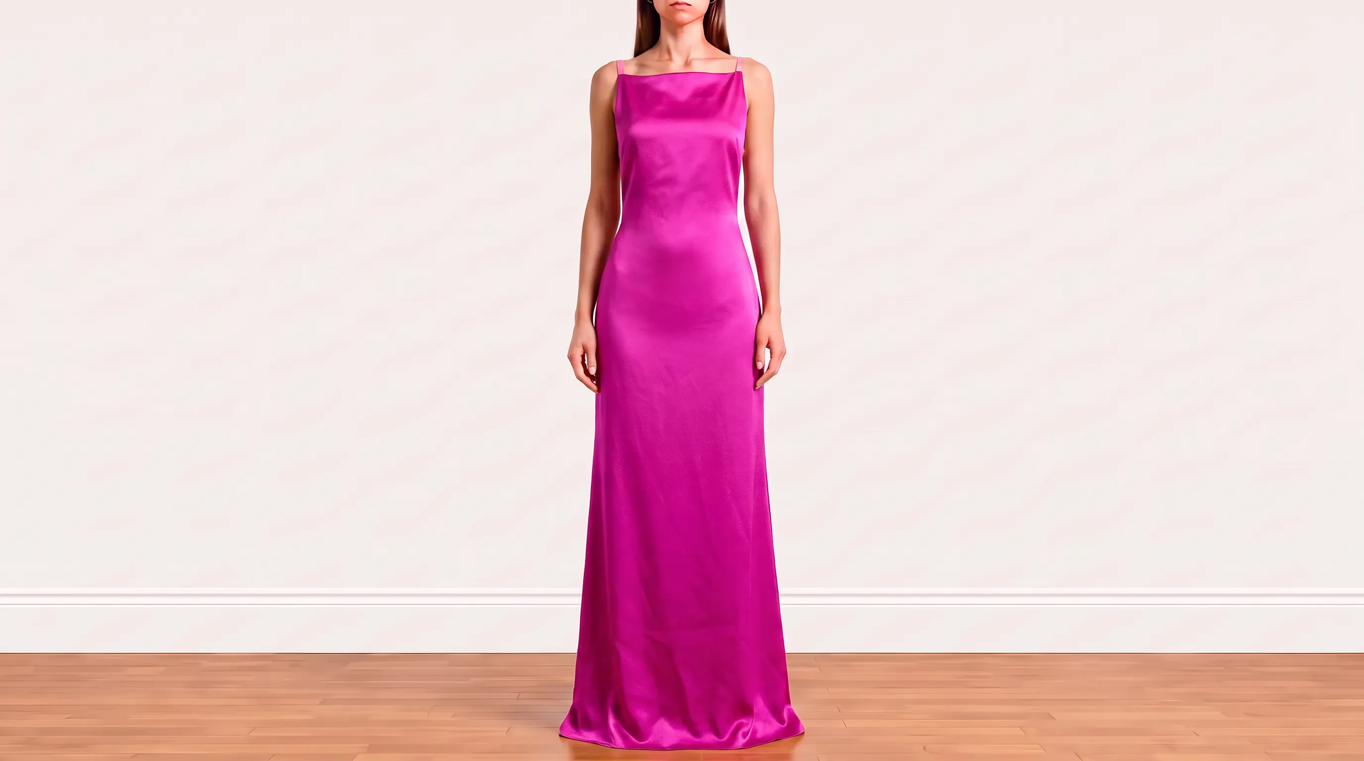 Foto 2: CJ MARES - Vestido Longo em Cetim de Seda Fúcsia. Tamanho 38.
