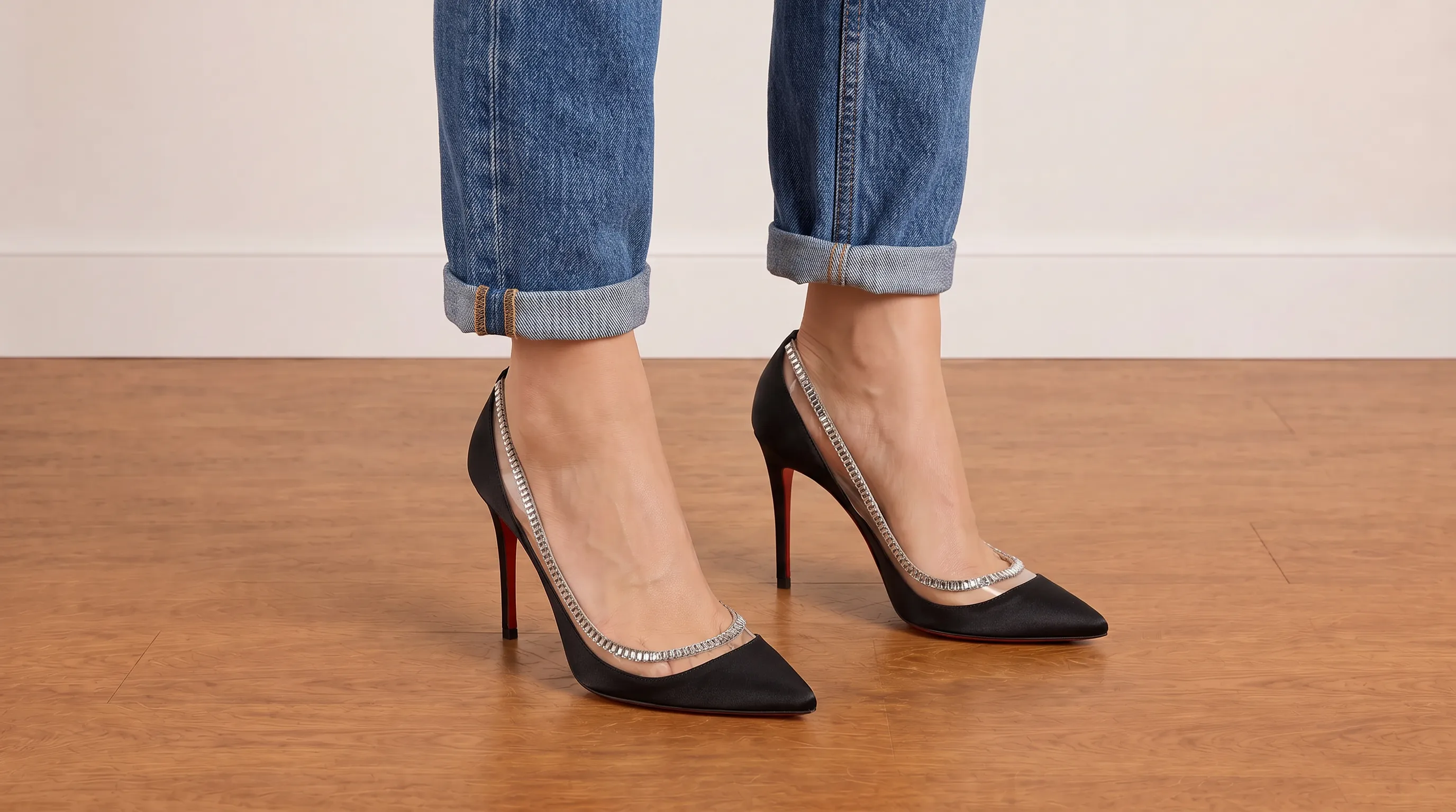 Foto 2: LOUBOUTIN - Scarpin Paulina Strass em Cetim Preto. Tamanho 38 IT / 36 BR