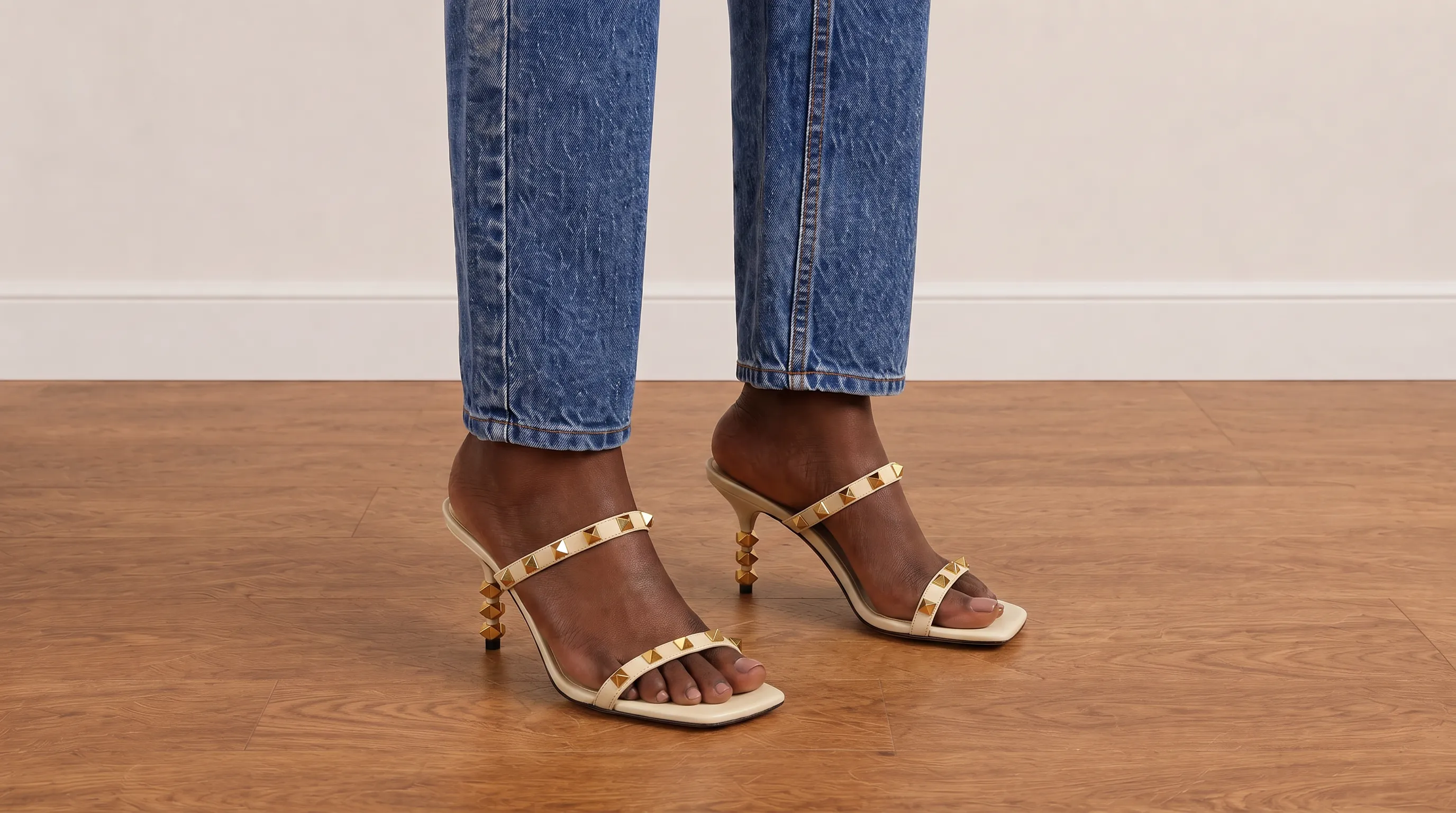 Foto 2: VALENTINO - Sandália Rockstud em Couro Marfim. Tamanho: 39 IT / 37 BR