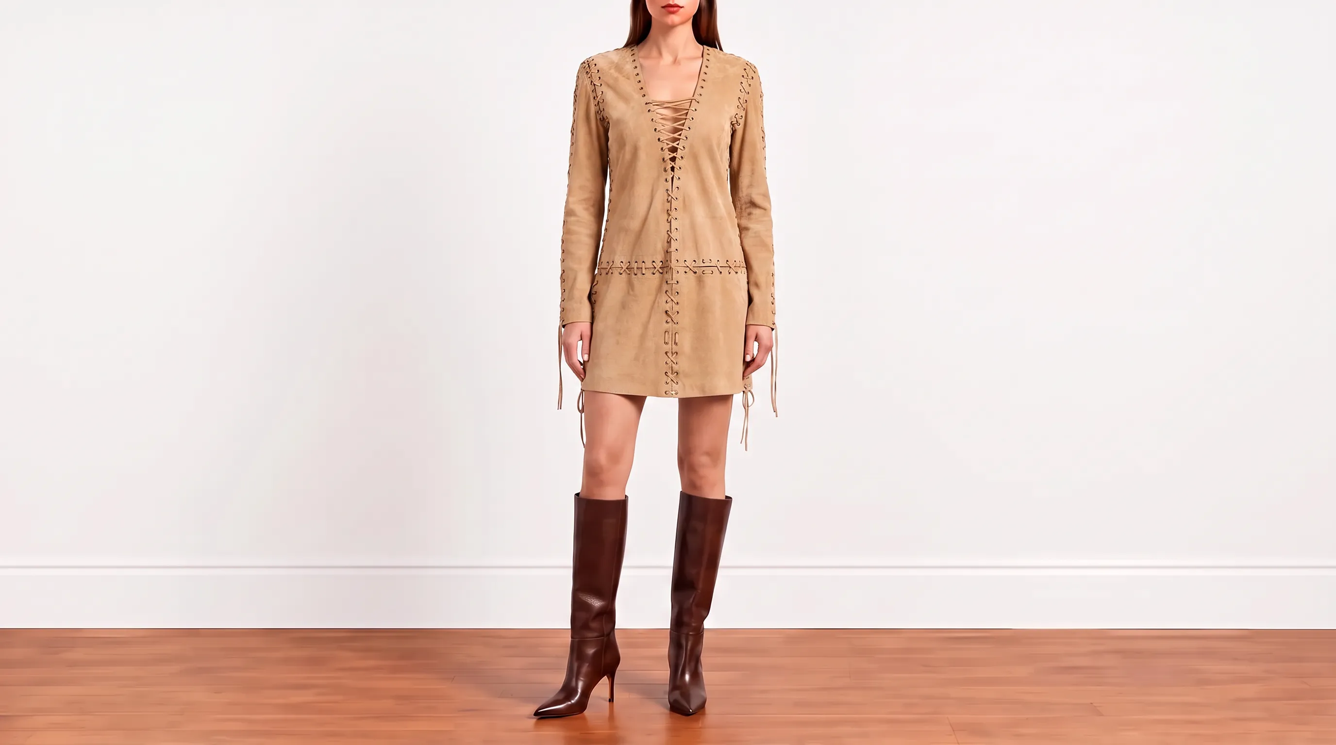 Foto 2: YVES SAINT LAURENT - Vestido em Camurça Marrom. Tamanho 40 FR / 38 BR