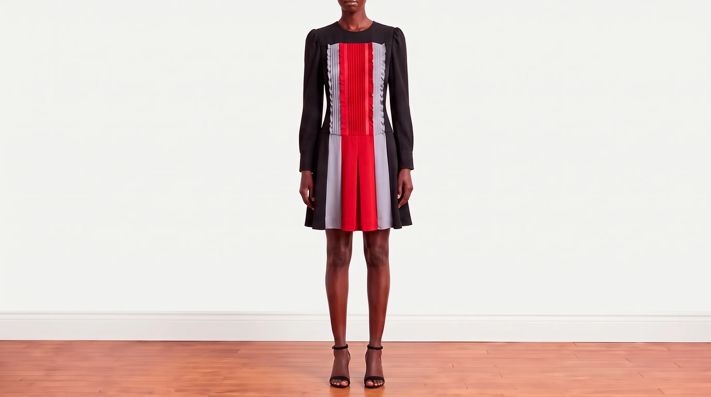 Foto 2: VALENTINO - Vestido Preto, Cinza e Vermelho, Com Mangas Longas. Tamanho 40 IT / 38 BR