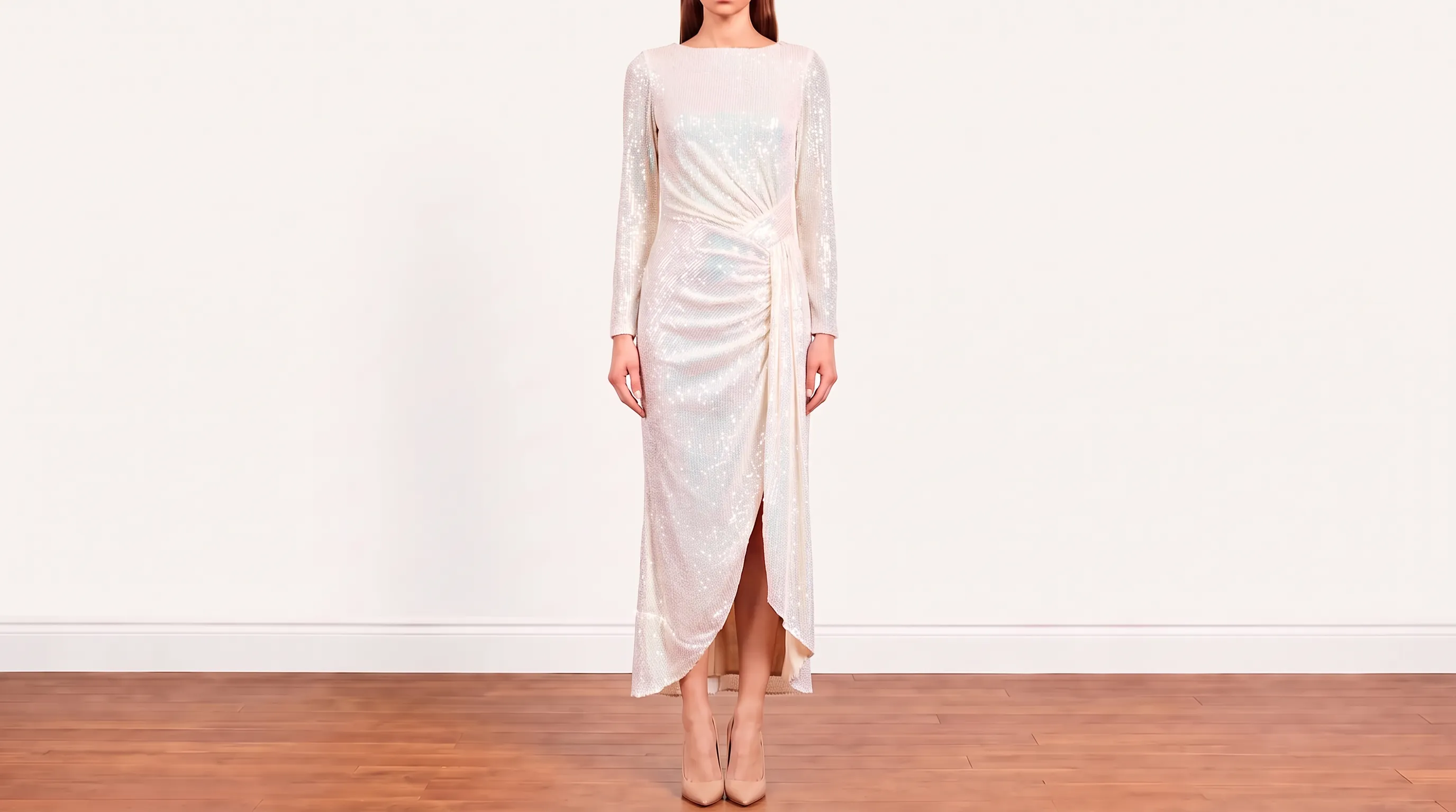 Foto 2: IEENA - Vestido Longo com Mangas longas em Paetês Off-White. Tamanho 40 BR