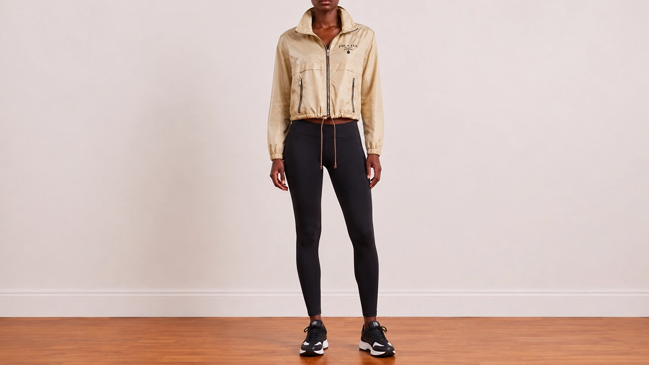 Foto 2: PRADA - Corta-vento Cropped em Nylon Bege, Com Capuz. Tamanho 38 IT / 40 BR