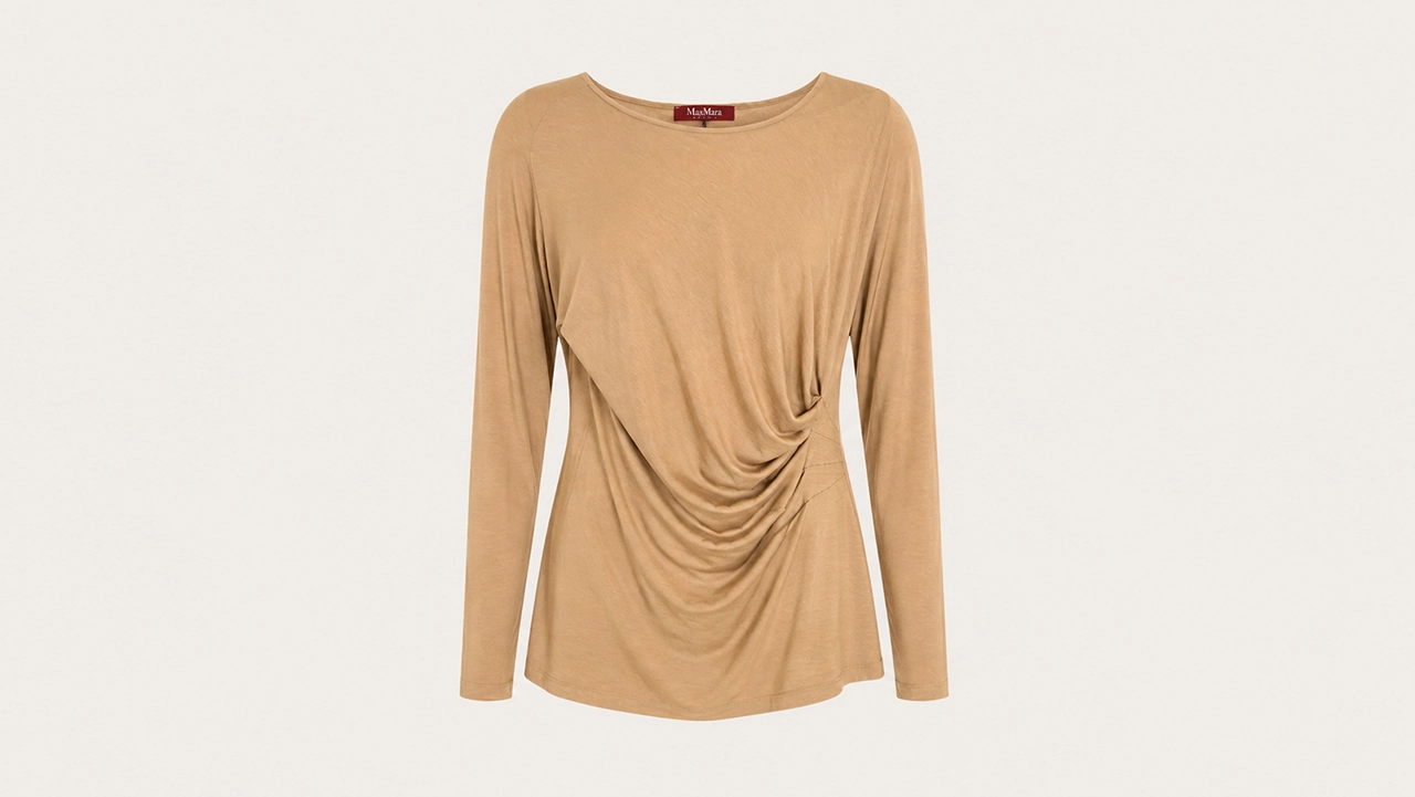 Foto 4: MAX MARA - Blusa em Malha Bege e Calça em Seda Estampada. Tamanho 40 BR