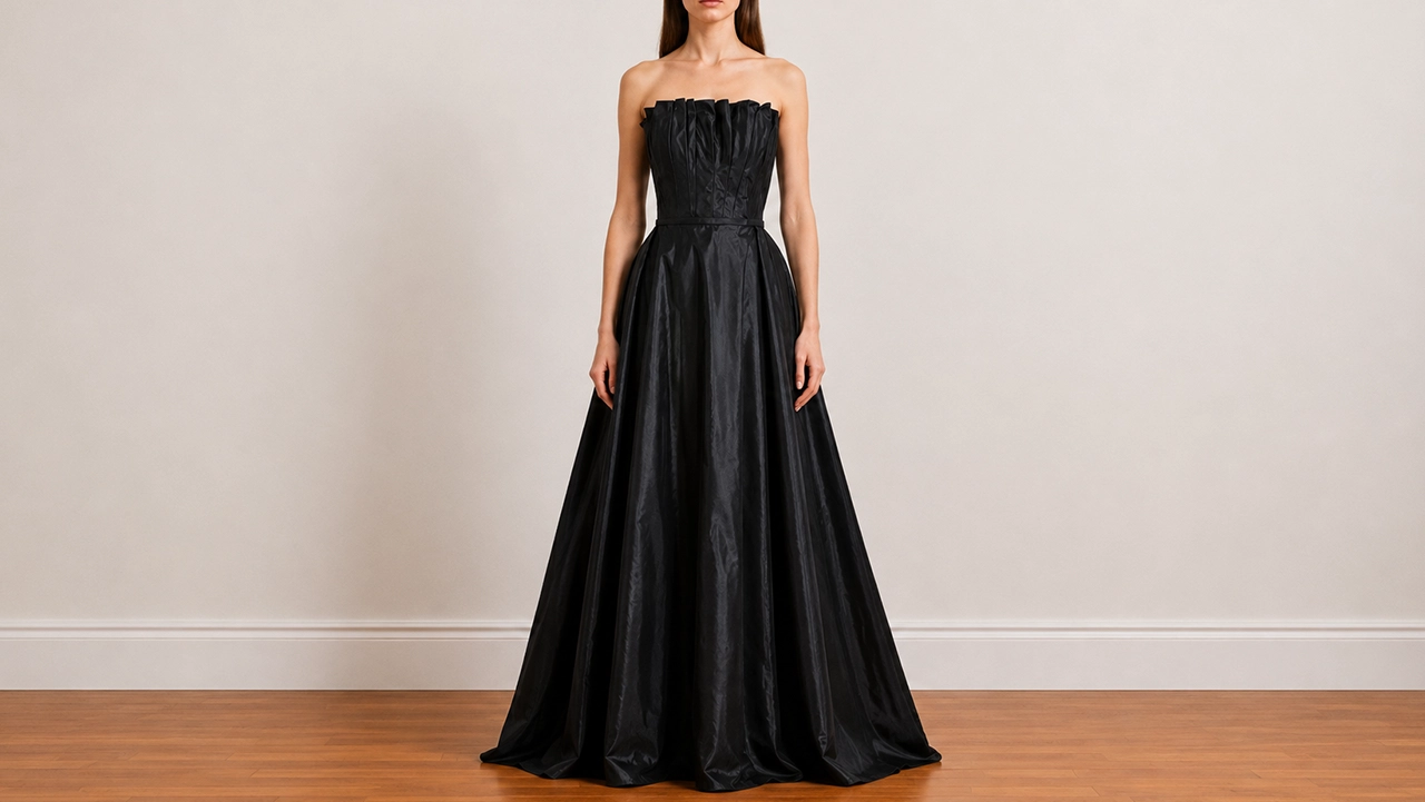 Foto 2: ANGEL SANCHEZ - Vestido Tomara Que Caia em Tafetá Preto. Tamanho: 12 US / 40 BR