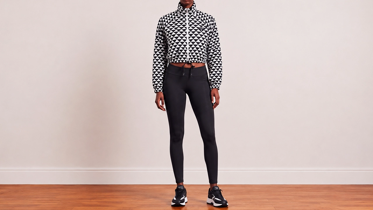 Foto 2: PRADA - Corta-vento Cropped em Nylon Black and White, Com Capuz. Tamanho 38 IT / 36 BR