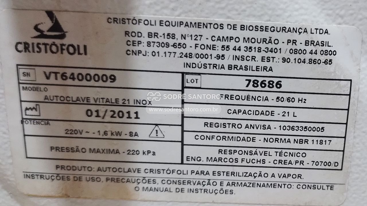 Foto 4: autoclave cristófoli vitale 21 inox 220v