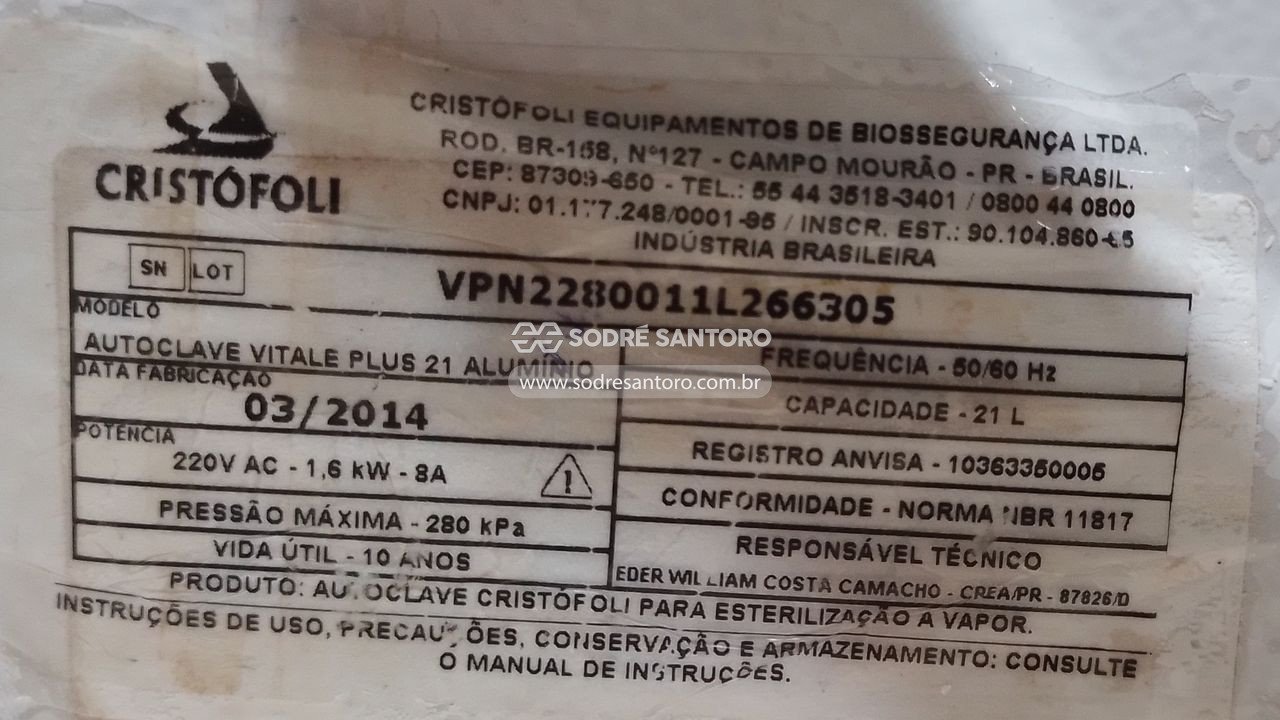 Foto 4: autoclave cristófoli vitale plus 21 alumínio 220v
